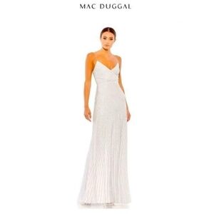 Mac Duggal Spagettu strap Gown White NWT  Pearl 10817